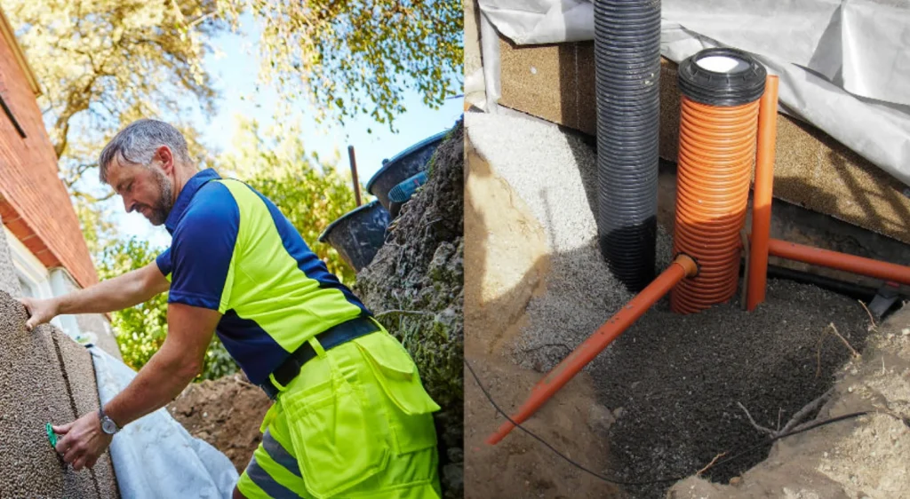 Montering av Isodränskivor och dräneringssystem med rör och brunn intill husgrund