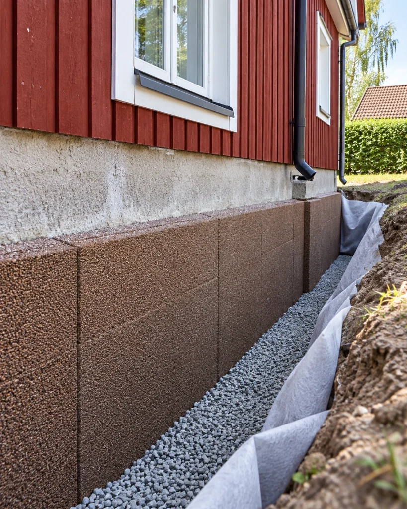 Dränering av husgrund med Isodränskivor, makadam och fiberduk längs källarvägg