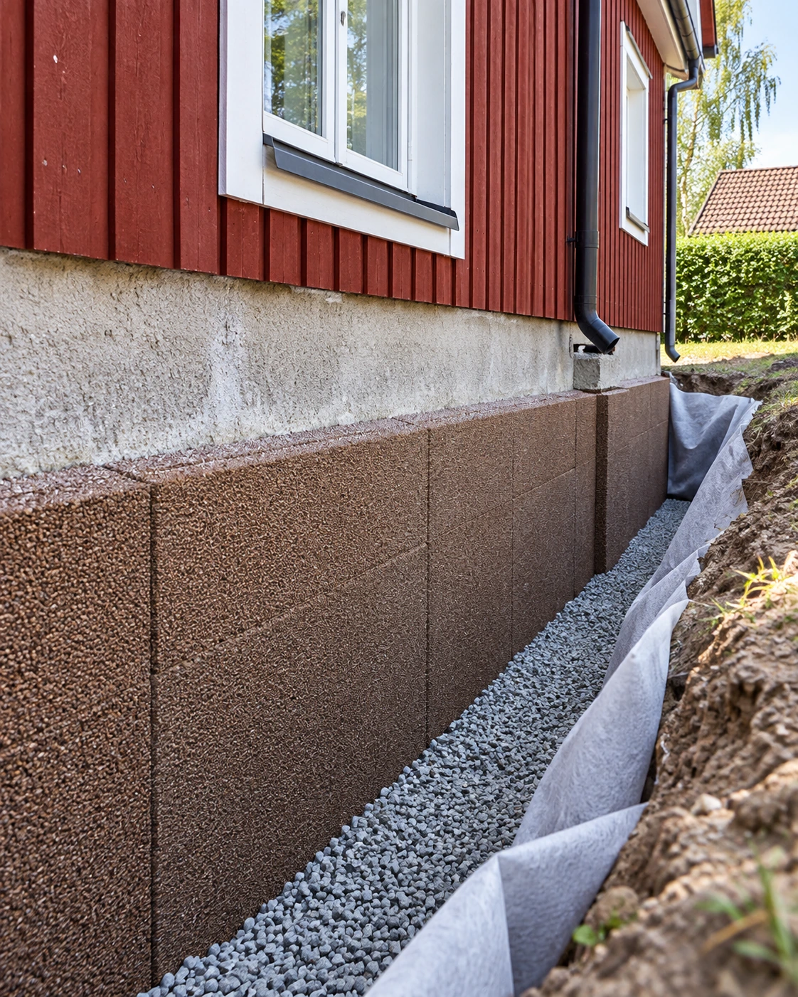 Dränering av husgrund med Isodränskivor, makadam och fiberduk längs källarvägg